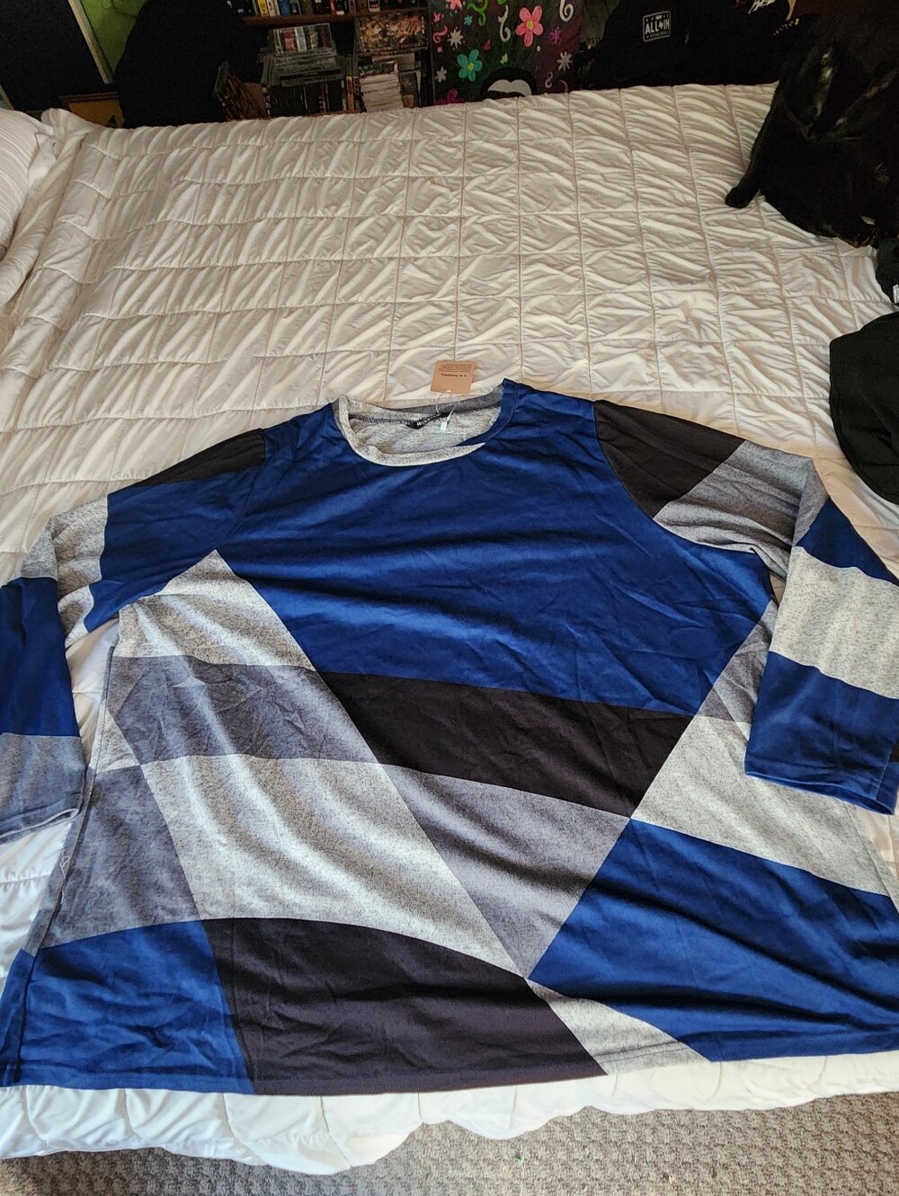 BloomChic Blue, Black and Gray Geometric Long Sleeve Shirt